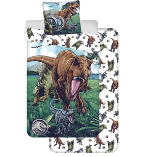 Jurassic World Bettwäsche-Set, 3-teilig, 100 % Baumwolle, Bettbezug 140 x 200 cm + Kissenbezug 65 x 65 cm + Spannbettlaken 90 x 200 cm