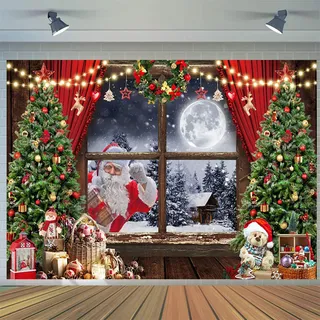 2.1x1.5m Foto Hintergrund Weihnachten Xmas Baum Rustikale Holzfenster Mond Nacht Weihnachtsmann Schnee Szene Fotografie Hintergrund Familie Winter Urlaub Neujahr Party Dekoration Fotostudio Requisiten
