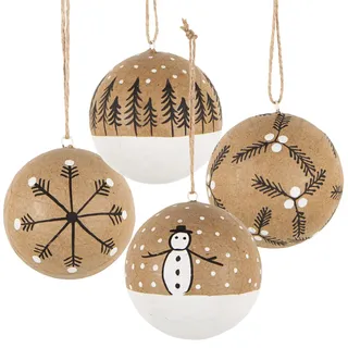 Logbuch-Verlag 4 Weihnachtskugeln Papier Anhänger weiß braun schwarz Hygge-Stil skandinavische Weihnachtsdeko Baumschmuck Ø 7 cm
