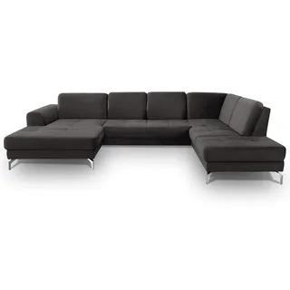 CAVADORE Wohnlandschaft Benda / Große Sofagarnitur mit XL-Longchair links & Federkern / Inkl. Sitztiefenverstellung / 332 x 87 x 226 / Samt: Grau