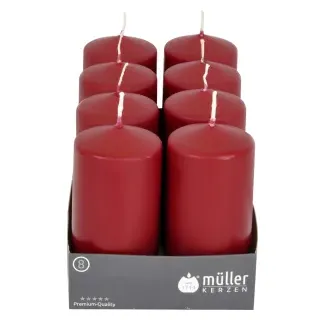 Müller Kerzen Stumpenkerze, weinrot, Hochwertige Stumpenkerze mit gleichmäßigem Abbrand, 1 Packung = 8 Stück, (Ø x H): 57 x 120 mm