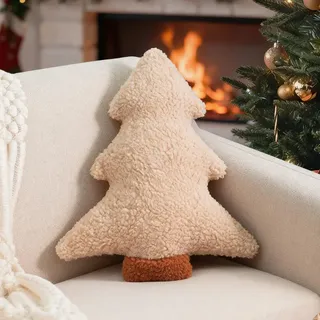 Miaikoe Weihnachtskissen, Dekorative Weihnachtsbaum Kissen gefüllt Baum geformt Plüschkissen für Ferienparty Sofa Wohnzimmer Dekoration (39,3 x 37 cm, Beige)