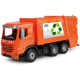 Lena 4614 Worxx Müllauto Mercedes Benz Arocs, Spielauto ca. 53 cm, Nutzfahrzeug für Kinder ab 3 Jahre, robuster Müllwagen mit 2 Mülltonnen und realitischen Spielfunktionen, orange