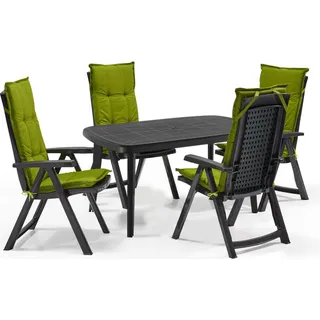Shaf Milano 5-tlg. Outdoor-Essgruppen-Set | Klappstuhl anthrazit | mit grünen Polstern | Wetterfest | Klappsessel - Grau, Grün