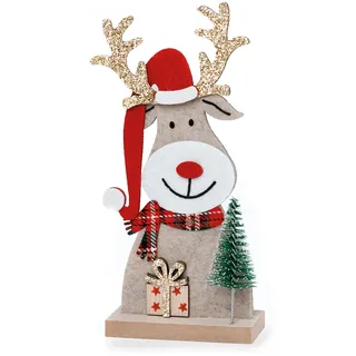 Mopec NA110 Rentier, Filz, mit Holzsockel, Baum und Geschenk, 8 x 18 x 4 cm, Mehrfarbig