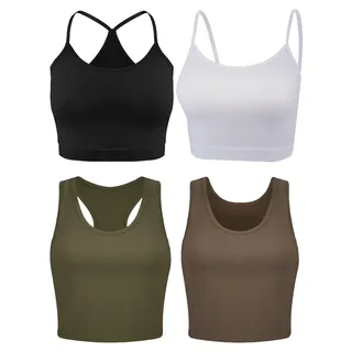 4 Stück Basic Crop Tank Tops Ärmelloses Racerback Crop Sport Baumwolle Top für Damen (Schwarz, Weiß, Armeegrün, Kaffee, L)