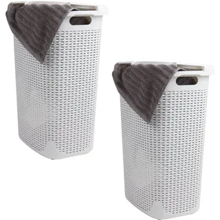 Mind Reader Schmaler Wäschekorb mit Deckel, 60L Wäschekörbe, Premium Weiden-Design, Kunststoff, 2er-Pack, Weiß
