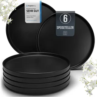 Steingut Teller Groß 6 Personen Manhattan TESTSIEGER, Cooles Urbanes Steingut Speiseteller Set, Stylisches Essteller Set - Pure Living in matt Schwarz
