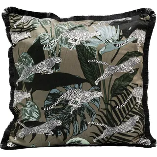Kare Design Kissen Jungle Leafs, Mehrfarbig, Leopard Motiv, Dschungel, Samtoptik, mit Fransen, Zierkissen mit Füllung, Dekokissen mit Reißverschluss, 45x45cm (L/B)
