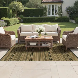 GENIMO,Outdoor Teppich Wetterfest Gestreift Minimalistisch Balkonteppich Garten Terrasse Kunststoff UV-beständig Wasserdicht Modern für Camping Wohnzimmer,150X240CM,Schwarz und braun