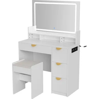 Schminktisch - Style B - Großer Spiegel - Verstellbares LED-Licht - Hocker inklusive - Modern minimalistisch - Holz - Transparent