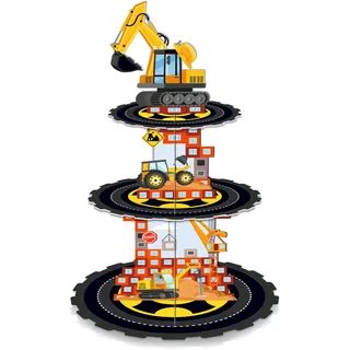 CC HOME Construction Tortenständer Bagger Cupcake Ständer,3 Etagen Kuchenständer aus Pappe Dessert Turm für Bagger Geburtstag Deko Tischdeko Geburtstagsparty Babyparty Muldenkipper Party Dekorationen