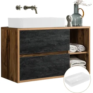 Badmöbel Waschtischunterschrank mit Keramik Waschbecken HARLOW-56 Eiche mit Beton Dunkel Nb., B/H/T ca. 100/71/46 cm - Braun