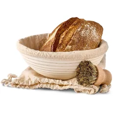 Gärkorb zum Brotbacken - Aus nachhaltigem Rattan - Rund - 25cm - Set inkl. Bürste, Leineneinlage & Brotbeutel - Geruchsneutral