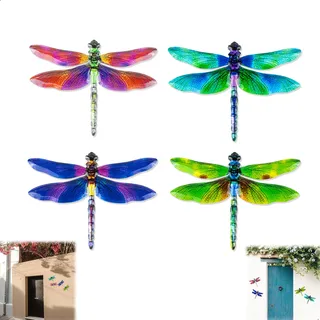 lemgyiamz Wanddeko Aussen Metall Libellen, 4 Stück Prachtlibellen Garten Terrasse Wetterfest Hängende Wandkunst Kleinlibellen Wand Wanddekoration Aufhängen, Dragonfly Skulptur Deko für Außenbereich