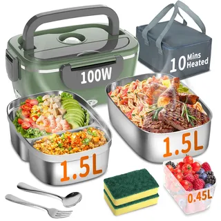 Elektrische Lunchbox 100W, 3-in-1 tragbare beheizte Lunchbox, Herausnehmbare Edelstahl-Brotdose, 12V/24V/220V Isolierte Wärmebox für Auto/Lkw/Büro, Mit isolierter Tasche und Schwamm (Grün, 1.5 L)