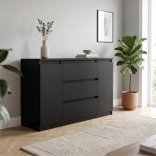 Masseno Kommode NUDO 120 cm Sideboard mit 3 Schubladen und 2 Türen für Wohnzimmer Schlafzimmer Modern 120x39x78,5 cm Schwarz / Schwarz - Schwarz