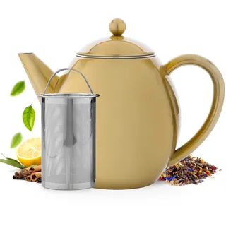 Vaja Trends | Teekanne | Edelstahl | Edelstahl Gold | Doppelwandig | 1,2 L | Tropft nicht | Hält den Tee lange heiß | Inklusive Filter | Schönes und funktionales Design