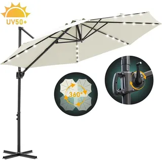 Izrielar Sonnenschirm Ampelschirm 3x3 m Beige mit Solar LED Beleuchtung, 360° Rotation & Neigung, UV50+ Schutz, wasserabweisend, für Garten & Terrasse - Beige