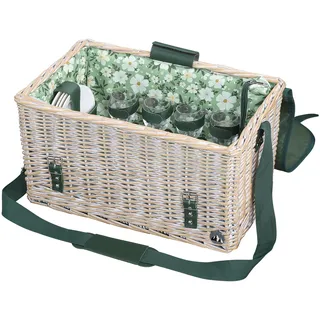 cilio Picknick-Korb Ponza, Für 4 Personen, Geflochtener Korb aus Weide, Deckel aus Bambus als Tisch nutzbar, Inklusive Teller Set, Besteck, Gläsern und Picknickdecke, Schultergurt, Vintage-Weiß
