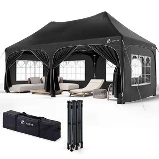 VOUNOT 3x6m Pavillon Wasserdicht mit 6 Seitenwänden, Faltpavillon Stabil, Partyzelt Winterfest, UV-Schutz 50+, Gartenzelt Faltbar mit 6 Sandsäcken und Tragetasche, Schwarz