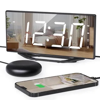 ROCAM Wecker Laut für Tiefschläfer, Vibrationswecker mit Bettshaker für Schwere Schläfer, 8.7" Großes LED-Anzeige&Dimmer, USB-Ladegerät,Batterie-Backup,Schreibtisch Schlafzimmer
