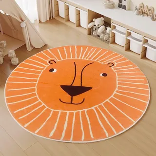 AIMECO Kinderteppich Rund 160CM Weicher Kuscheliger Carpet Wohnzimmer Teppichen Mädchen Schlafzimmer Kinderzimmer Dünn Pflegeleicht Teppiche Motiv Löwe - Orange