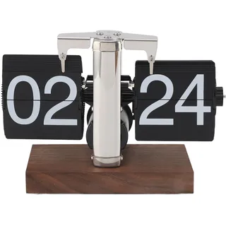 Flip-Tischuhr, automatische mechanische Flip-24-Stunden-Uhr mit Holzsockel, Edelstahl, Vintage-Retro-Digital-Tischuhr für das Home Office