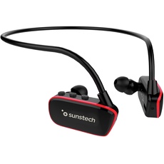 Sunstech Argos – 8 GB MP3-Player, tauchfähig, wasserdicht, IPX8, entwickelt für Sport und Schwimmen, wiederaufladbarer 200-mAh-Akku, Land- und Wasserpads enthalten, schwarz/rot