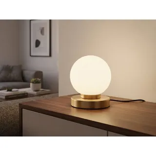 Kleine Tischlampe Messing mit Glas Kugel Weiß, LED per Touch stufenweise dimmbar - Gold, Weiß