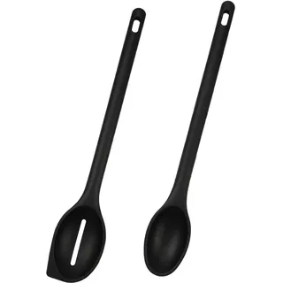 inodiref 30cm Kochlöffel Silikon Hitzebeständig Mit Loch, 2 Stück Schwarz | Rührlöffel Silikon Kochlöffel,Kochlöffel Kunststoff, BPA Frei, Kochlöffel Set Silikonlöffel Zum Kochen,Backen Schöpfen Rühren