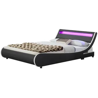 Juskys Polsterbett Valencia schwarz 180x200cm mit Matratze und LED (16 Farben) , Schwarz , Textil , 180x200 cm , Schlafzimmer, Betten, Polsterbetten
