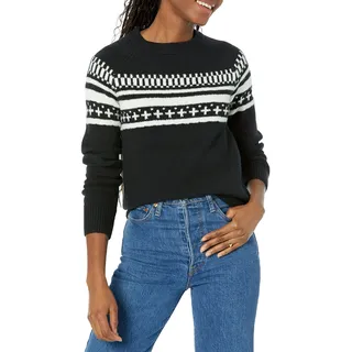 Amazon Essentials Damen Soft-Touch-Pullover mit Rundhalsausschnitt und Fair-Isle-Muster, Schwarz Norweger, XS