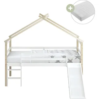Sunny River Halbhohes Hausbett aus Holz mit Rutsche in Braun & Weiß | Kinderbett / Hochbett in Haus Form Mit Matratze | Einzelbett in 213 x 186 x 183 - Braun