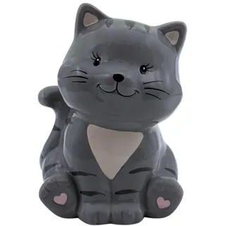 Dekohelden24 Spardose Katze, Katzenspardose, Kindersparbüchse Katze, Sparschwein Katze, Sparfigur, Kinderspardose, Spartier, Sparkatze, Dekokatze mit Sparfunktion aus Keramik in grau, L/B/H 10 x 12 x 16 cm.