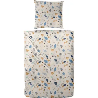 Primera Biber-Bettwäsche Branches floral Braun/Blau 135 x 200 cm + 2 x 80 x 80 cm
