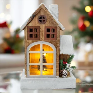 3.06 Haus mit Schneedach + LED - Weihnachtshaus 19 x 29 cm - Braun, Weiß