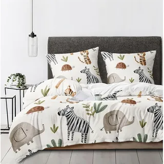 Boqingzhu Bettwäsche Tiere 135x200 cm Kinder - Bettwäsche-Sets Beige Zebra, Tiger, Elefanten, Schildkröten Bettbezug mit 1 Kissenbezug 80x80 cm, Bettwäsche Weich mit Süßem Tiermotiv