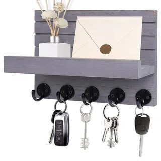 Kldgris Schlüsselbrett mit Ablage, Dekoratives Holz Wandregal, Schlüsselbrett Holz, mit 5 Schlüsselhaken, für Eingang, Flur, Schlafzimmer, Wohnzimmer (Vintage-Grau)