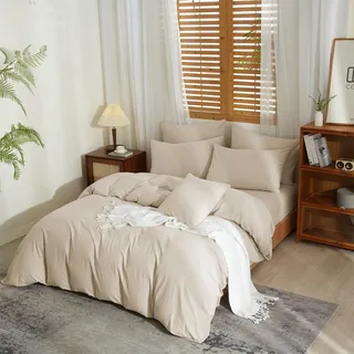 YASMENG Halbleinen Bettwäsche 220x240 Beige - Leinen und Baumwolle, Weich, Atmungsaktiv, Kuschelig, Modern - 3 Teilig Mit Reißverschluss und 2 Kissenbezüge 80x80 cm