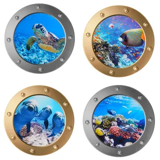 3D Wandtattoo Unterwasserwelt, 4 Pcs Wandtattoo Badezimmer Bullauge deko, Wandsticker Badezimmer Bilder Bullauge Unterwasserwelt Wandaufkleber (Gold+Silber)