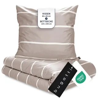 bugatti Bettwäsche 135x200 cm, 2-teilig - 100% Baumwolle, beige/weiß | hochwertiges Mako Satin Bettwäsche Set mit Reißverschluss, inkl. Kissenbezug: 80x80 cm, geprüfte Qualität, waschbar & weich