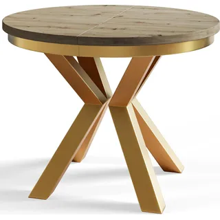 Runder Esszimmertisch LOFT, ausziehbarer Tisch Durchmesser: 120 cm/200 cm, Wohnzimmertisch Farbe: Mattbraun, mit Metallbeinen in Farbe Gold - Naturbelassen, Gold