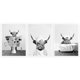 YLYYOO Lustige Hochland-Kuh-Wandkunst, schwarz und weiß, Leinwand, Wandkunst, Bauernhaus, Badezimmer, Wanddekoration, Hochlandkuh, Bilder, Drucke für Wanddekoration, 3 Stück, ungerahmt (Schwarz, 3 Stück, 30,5 x 40,6 cm, ungerahmt)