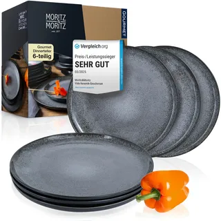 Moritz & Moritz VIDA 6er Dinner Teller Set Anthrazit - Dinnerteller für 6 Personen - Porzellan spülmaschinen- und mikrowellengeeignet