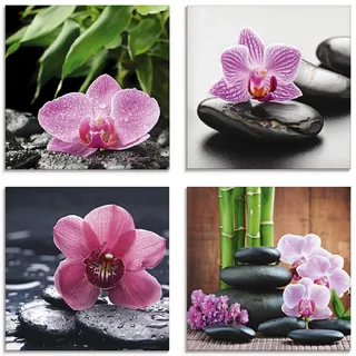ARTland Wanddeko Glasbilder Wandbild Glas Bild Set 4 teilig je Quadratisch Asien Wellness Zen Pflanzen Blumen Orchideen Steine Entspannung S6MH