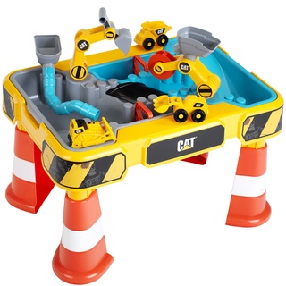 Theo Klein 3208 Caterpillar Sand- und Wasser Spieltisch I Zwei Becken inkl. Rad- und Löffelbagger, Brücke, Rohren, Stoppern u.v.m. I Maße: 64 cm x 48 cm x 40 cm I Spielzeug für Kinder ab 18 Monaten