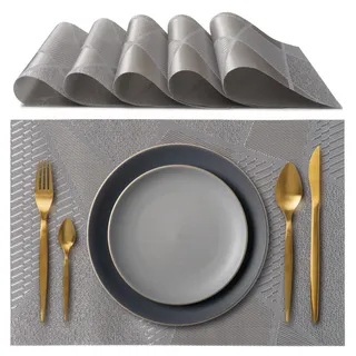 IPEA Amerikanische Tischsets, elegant, 45 x 30 cm, für Abendessen, Mittagessen, Frühstück, 6 Stück, waschbar, hitzebeständig, rutschfest, schmutzabweisend für Küchen- und Esszimmertisch, Grau