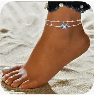 Tusuzik Fußkettchen Für Damen 925 Sterling Silber Verstellbare Schmetterling Doppel Fußkette mit Kugeln Sommer Strand Schmuck Geschenke für Frauen Mädchen
