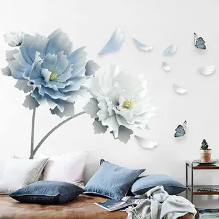 COVPAW® Wandtattoo Wandaufkleber XXL Pfingstrose Blau Blumen Wandsticker Wandbild Bilder Wohnzimmer Schlafzimmer Deco